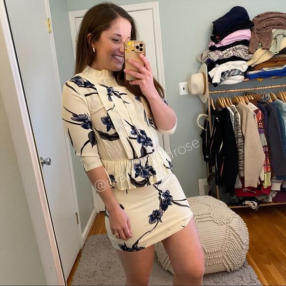 GANNI Ivory Flash Dark Floral Pleated Front High Neck Elbow Length Mini Dress XS - Picture 5 of 12